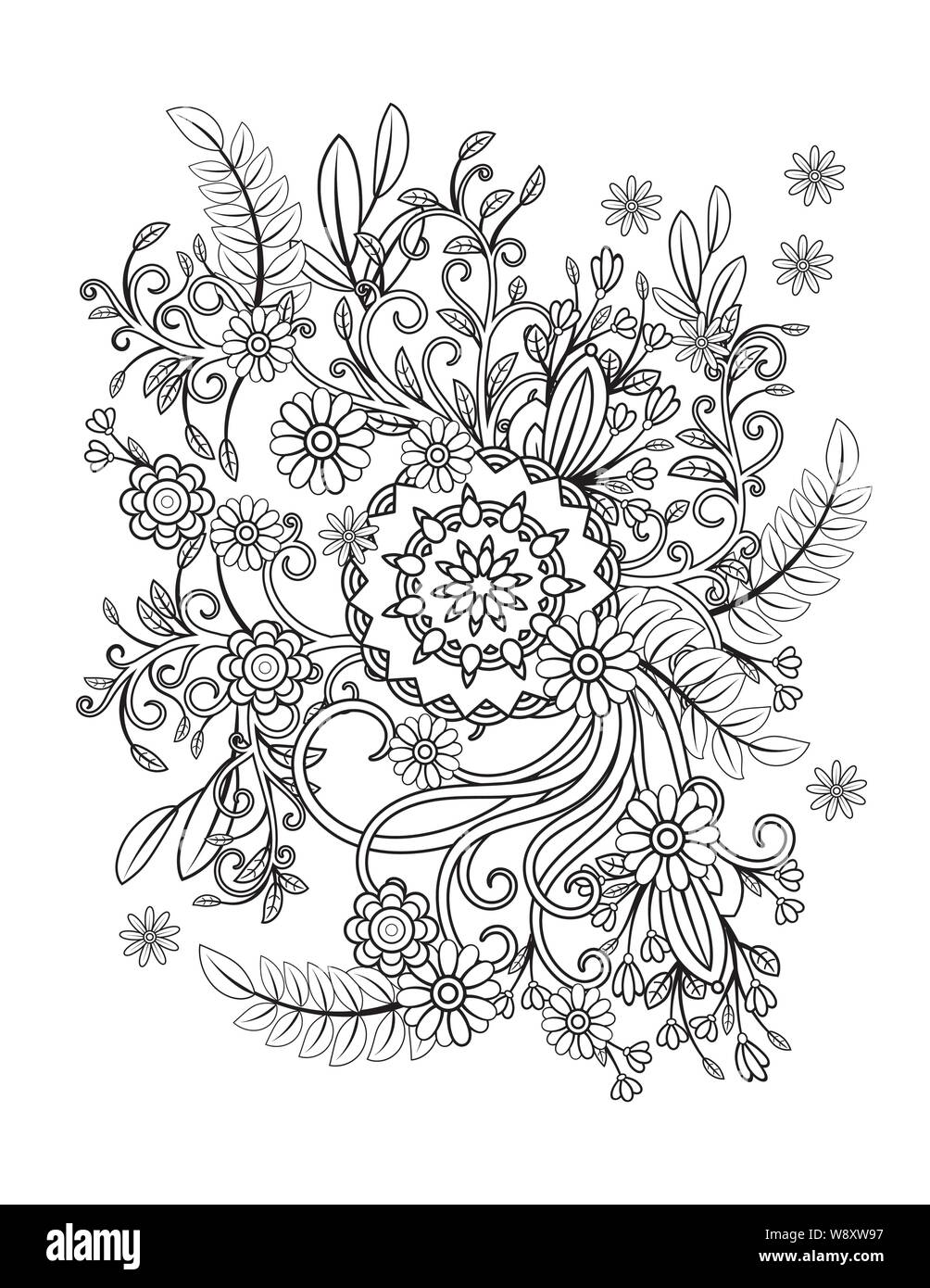 Floral mandala pattern in black and white. Adult coloring book page