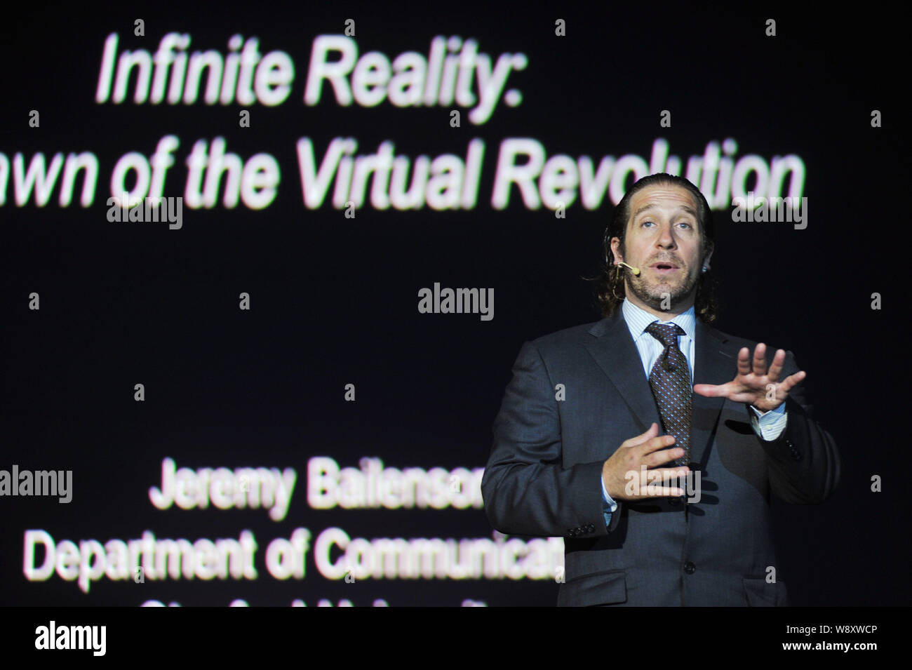 Jeremy Bailenson, founding director of Stanford Universitys Virtual Human Interaction Lab, delivers a speech about virtual reality at the Big Talk org Stock Photo