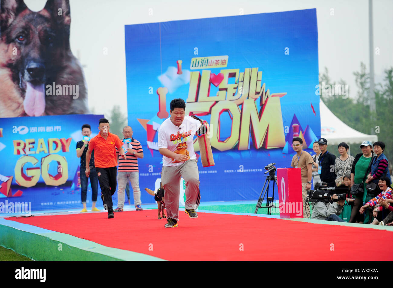 A dog chases a participant during a human vs dog race in Changsha city, central Chinas Hunan province, 16 May 2014.   China loves its themed marathons Stock Photo