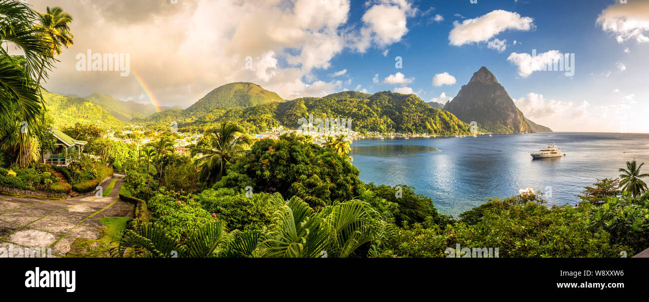 St. Lucia - Caribbean Sea with UNESCO world heritage site Pitons and Rainbow Stock Photo