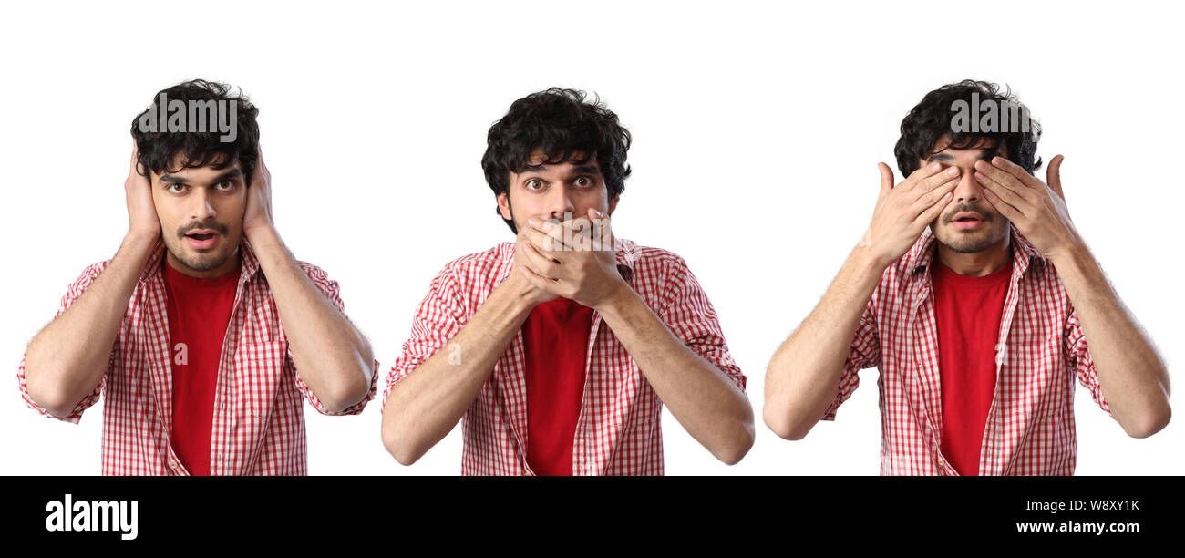 Man doing see no evil, hear no evil, speak no evil gesture Stock Photo