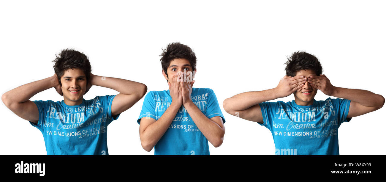 Man doing see no evil, hear no evil, speak no evil gesture Stock Photo