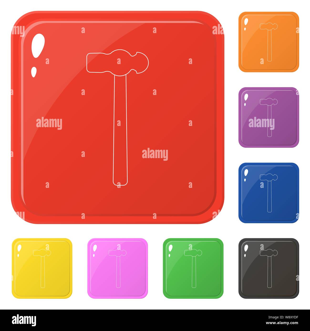 Line style hammer icons set 8 colors isolated on white. Collection of glossy square colorful buttons. Vector illustration for any design. Stock Vector