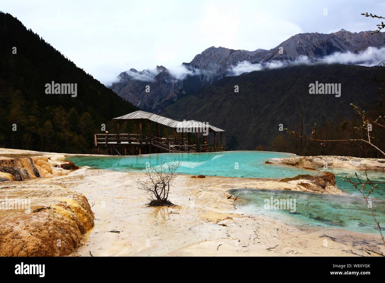 Landscape of a pond at Huanglong Scenic and Historic Interest Area in Songpan County, Aba Tibetan & Qiang Autonomous Prefecture, southwest Chinas Sich Stock Photo