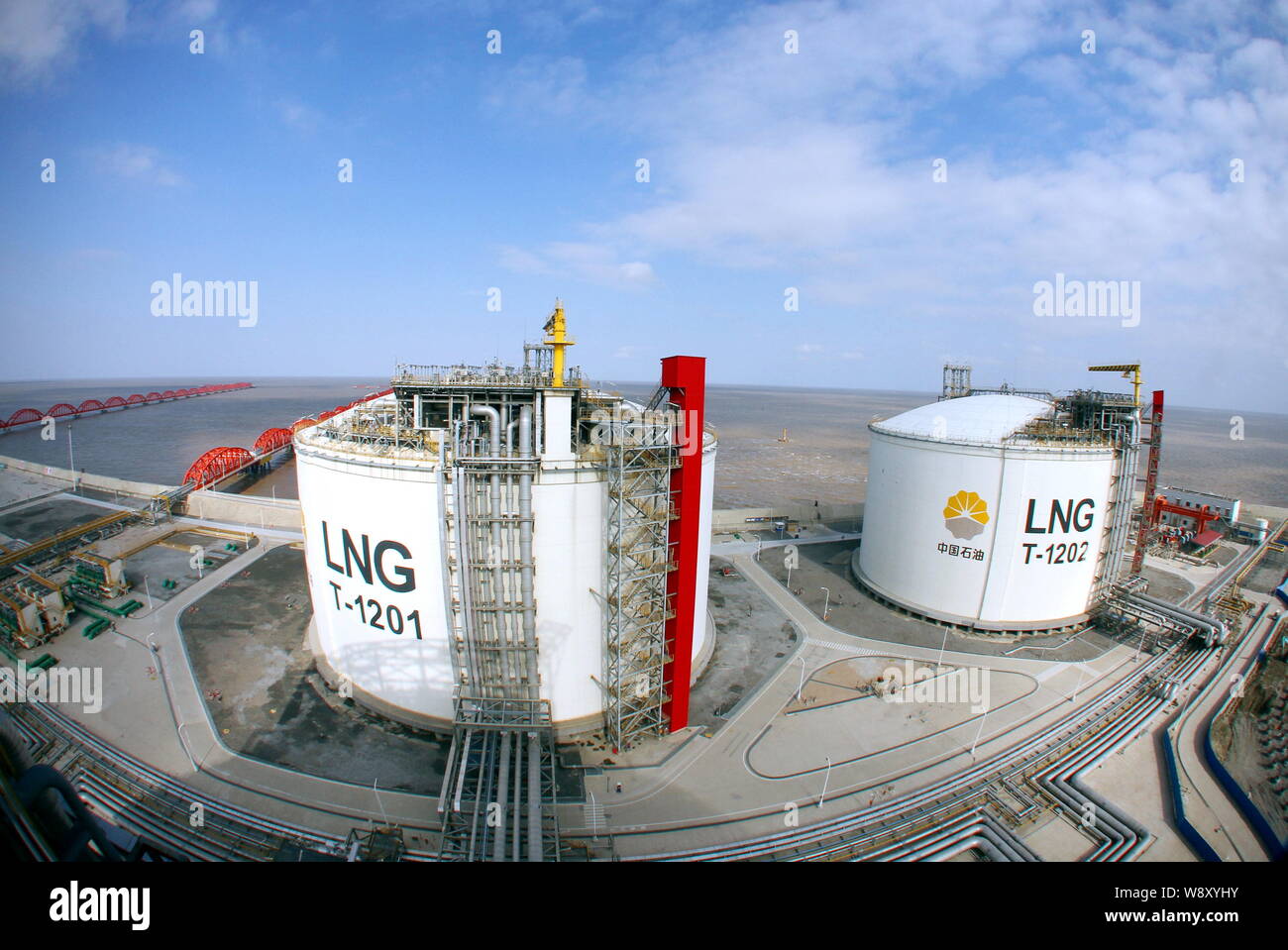 --FILE--View of LNG (liquified natural gas) containers of PetroChina at the Yangkou Port in Nantong city, east Chinas Jiangsu province, 4 January 2014 Stock Photo