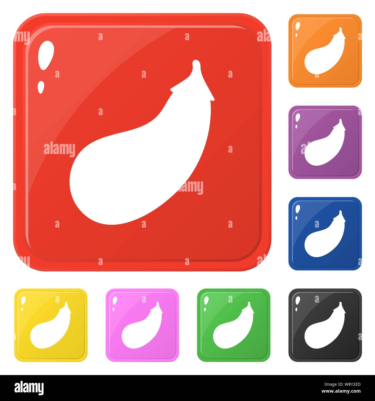 Eggplant icons set 8 colors isolated on white. Collection of glossy square colorful buttons. Vector illustration for any design. Stock Vector