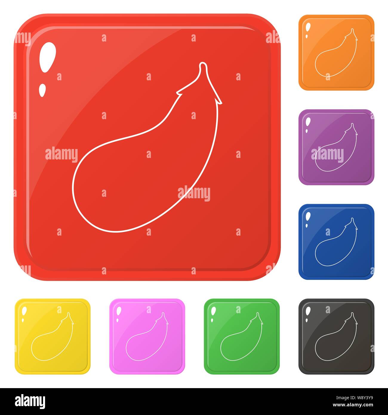 Line style eggplant icons set 8 colors isolated on white. Collection of glossy square colorful buttons. Vector illustration for any design. Stock Vector