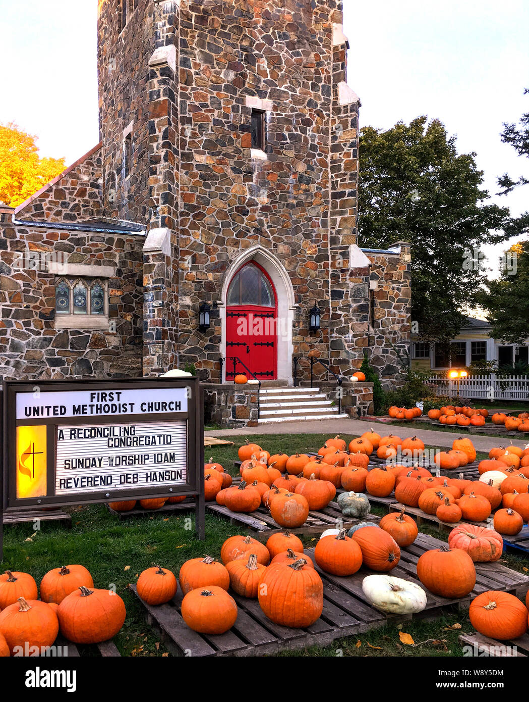 Portsmouth, New Hampshire / USA - Oct 16, 2018: Colorful orange pumpkins. Pumpkin Patch annual fundraiser for the First United Methodist Church. Stock Photo