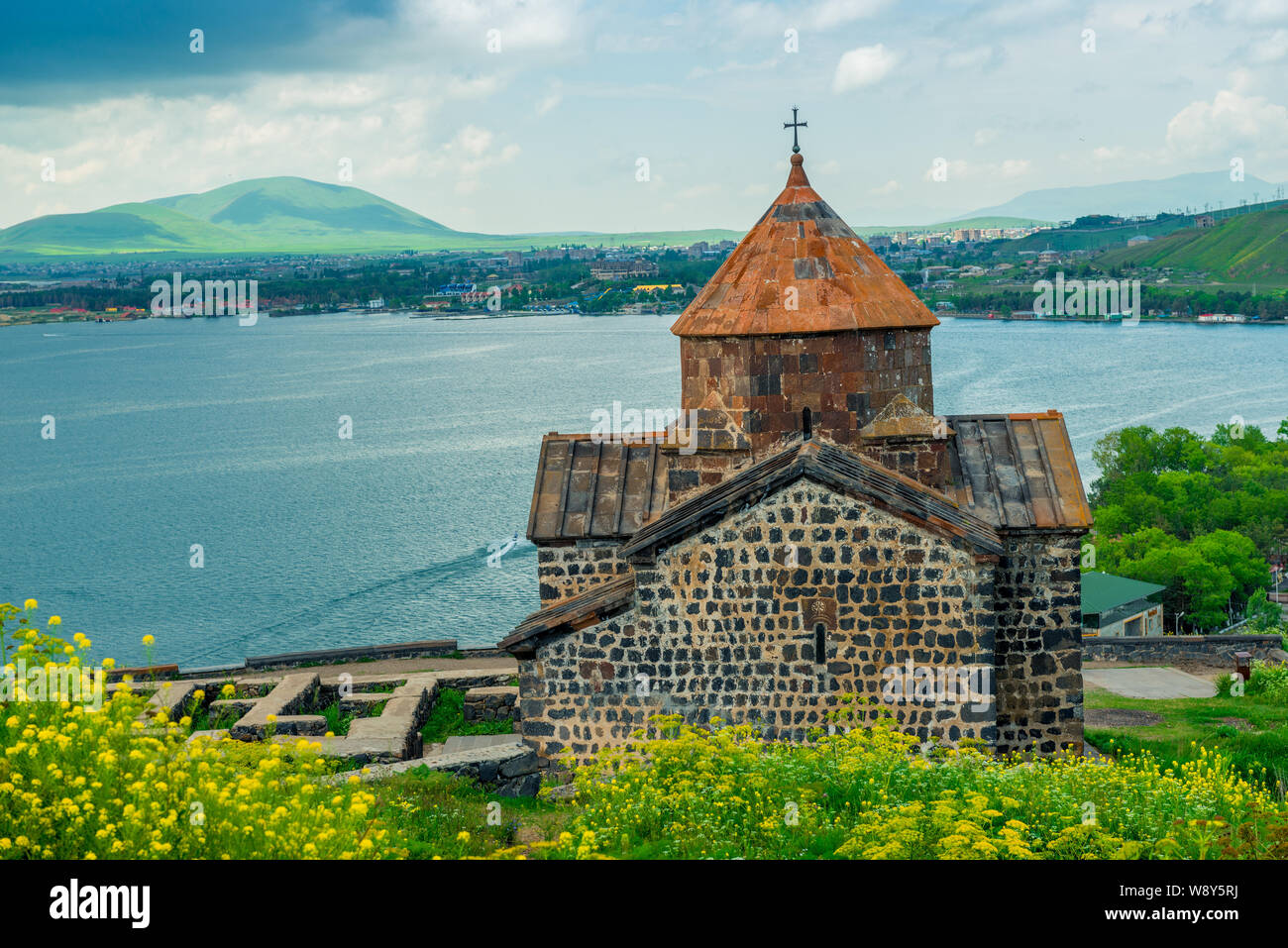 View from the hill to the monastery Sevanavank, Lake Sevan and the city ...