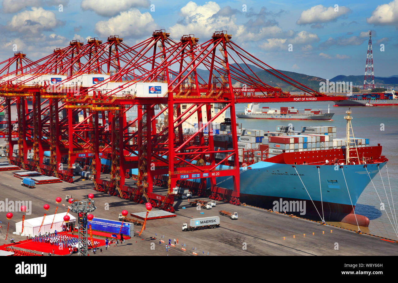 --FILE--The Majestic Maersk container ship of Maersk Line docks at the Port of Ningbo in Ningbo city, east Chinas Zhejiang province, 16 August 2013. Stock Photo