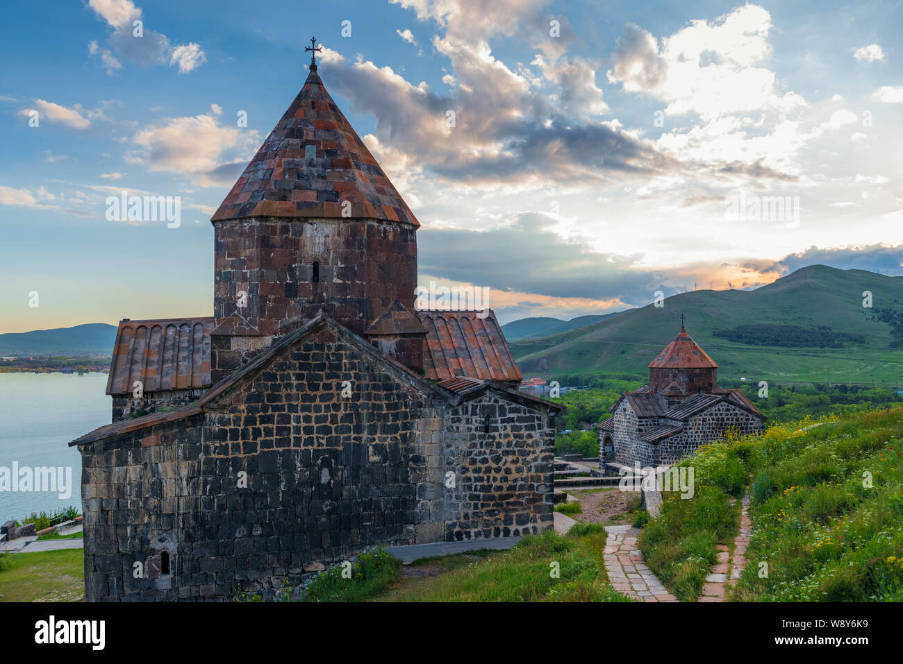 Shooting of Sevanavank Monastery on Lake Sevan at sunset, Armenia Stock Photo