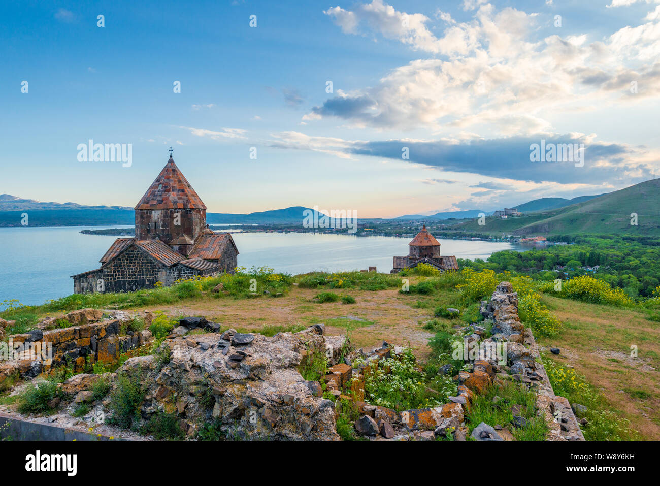 Sunset on Lake Sevan, view of the Sevanavank Monastery, Armenia’s famous heritage Stock Photo