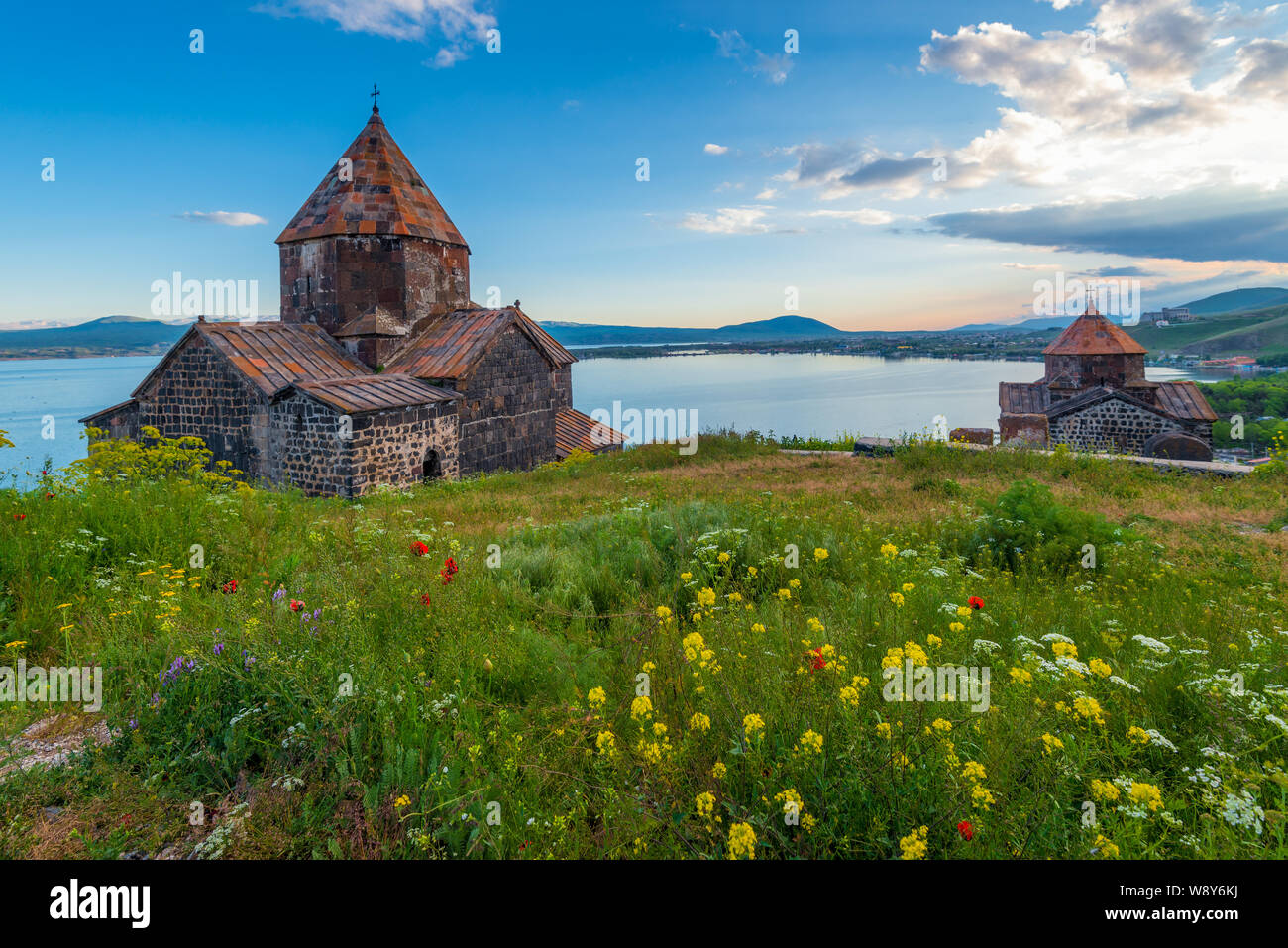 Sevanavank Monastery on Lake Sevan at sunset, Armenia Stock Photo