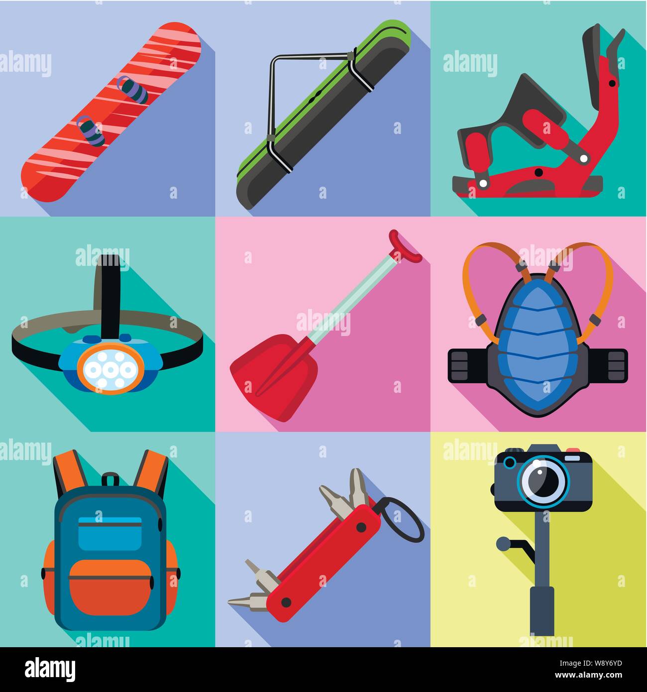 Extreme snowboarding icon set. Flat set of 9 extreme snowboarding ...