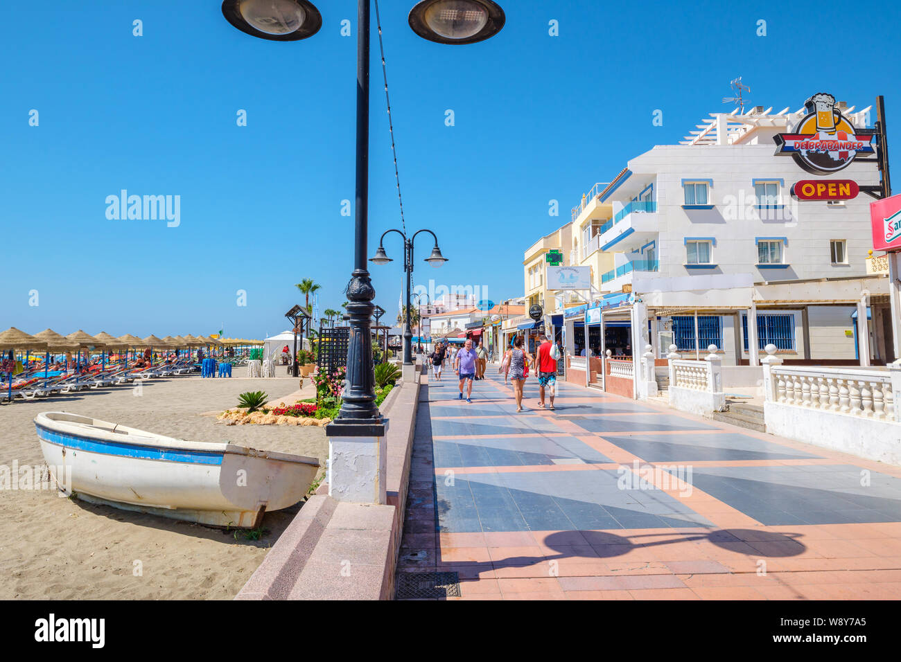 Seaside promenade (Paseo Maritimo) by the beach of Playa de la Carihuela. Torremolinos, Costa del Sol, Andalusia, Spain Stock Photo