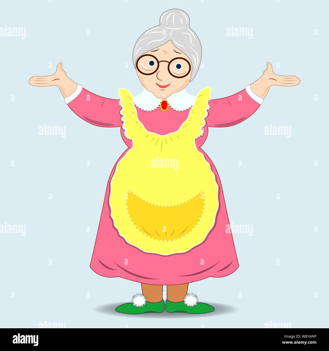 A flat drawing of a smiling grandmother. Cute Granny with glasses . Friendly cartoon character Granny. Isolated. Vector Stock Vector