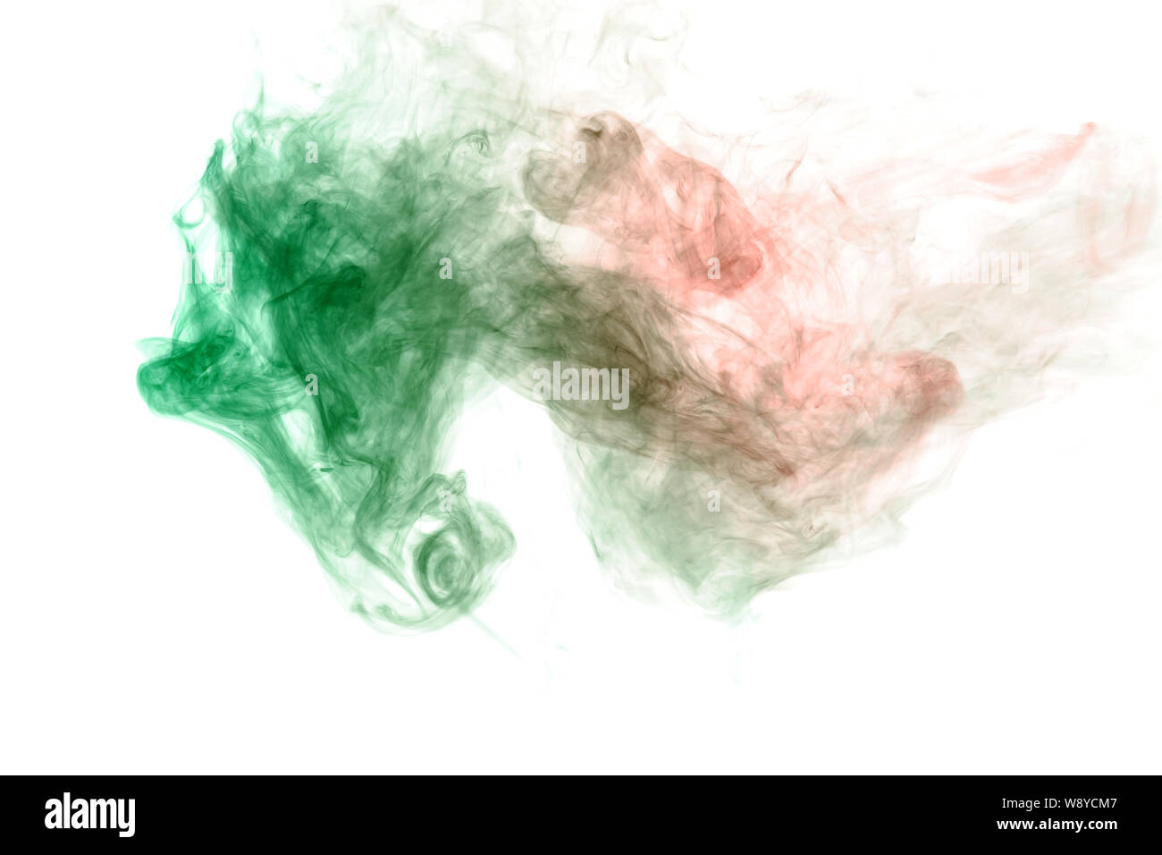 Abstract wavy ink and smoke pattern in green and red on a white ...