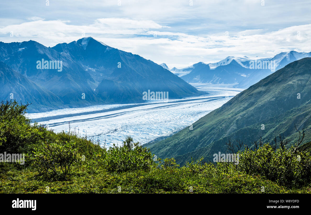 Looking up the Matanuska Glacier from the flanks of Mount Wickersham in remote Alaska. Several large glaciated peaks are visible above the glacier and Stock Photo