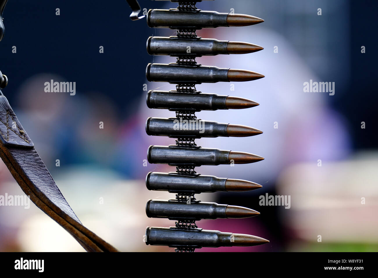 7.92 machine gun bullets in link for vintage MG 34 German machine gun. Stock Photo