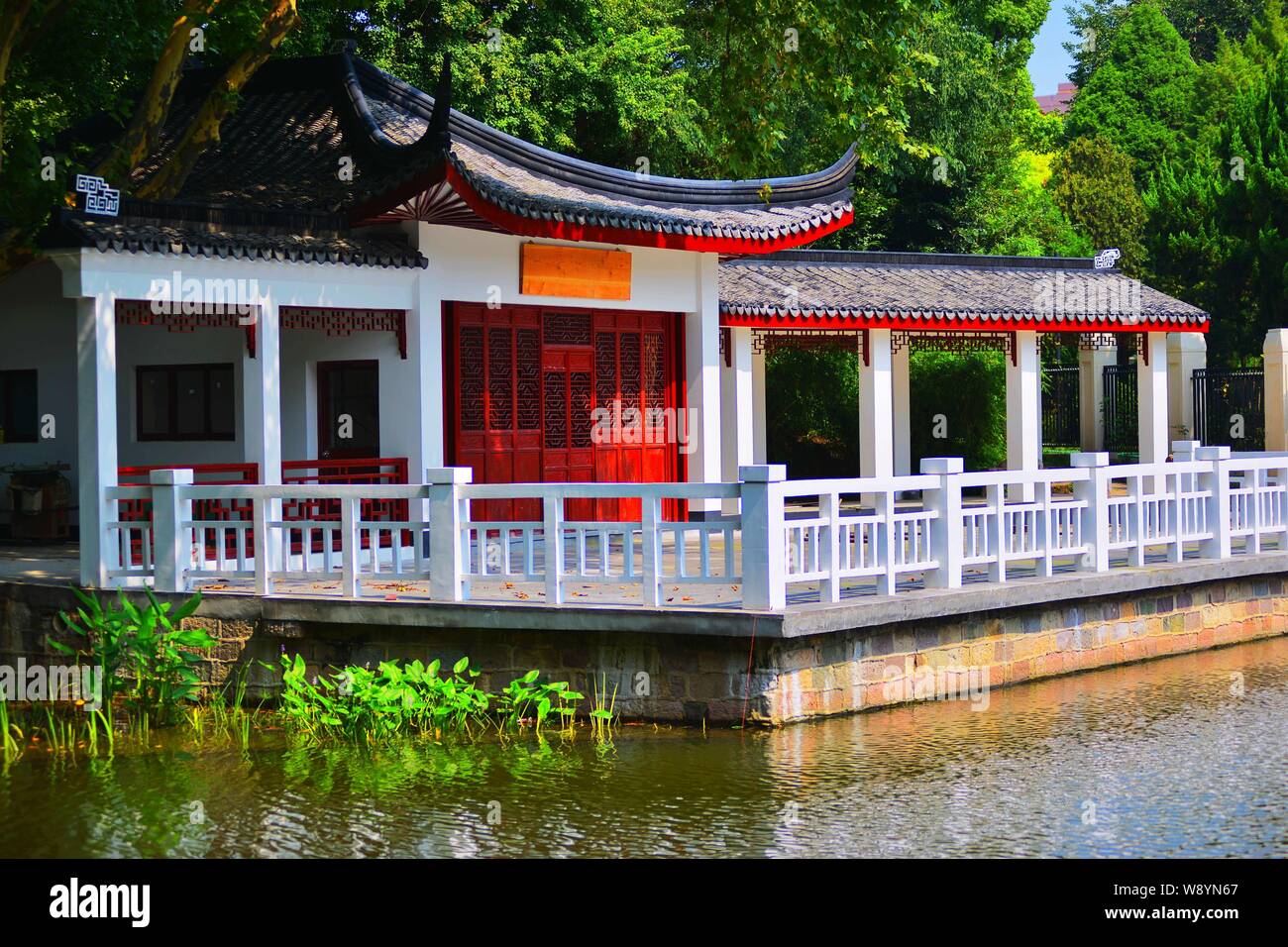 A pavilion is seen in Lu Xun Park in Shanghai, China, 27 August 2014.   Lu Xun Park, previously known as Hongkou Park, designed by the British, had be Stock Photo