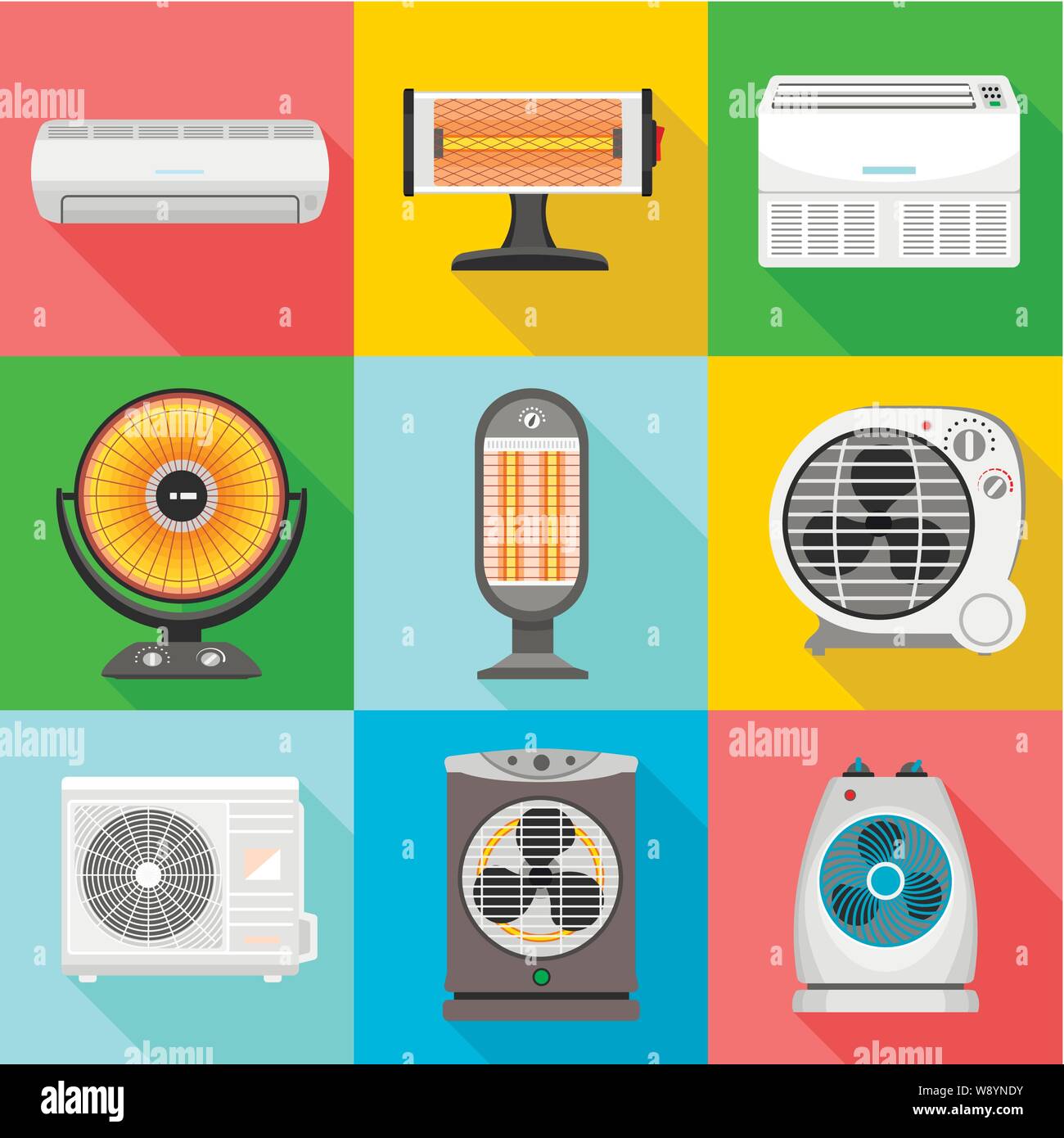 Electric heater icon set. Flat set of 9 electric heater vector icons