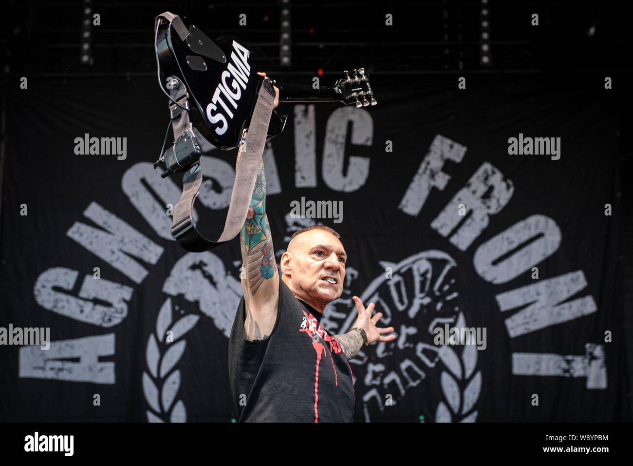 Josefov, Czech Republic. 09th Aug, 2019. Guitarist Vinnie Stigma of Agnostic Front, American music band, performs during the Brutal Assault metal music festival, on August 9, 2019, in Jaromer, Czech Republic. Credit: David Tanecek/CTK Photo/Alamy Live News Stock Photo
