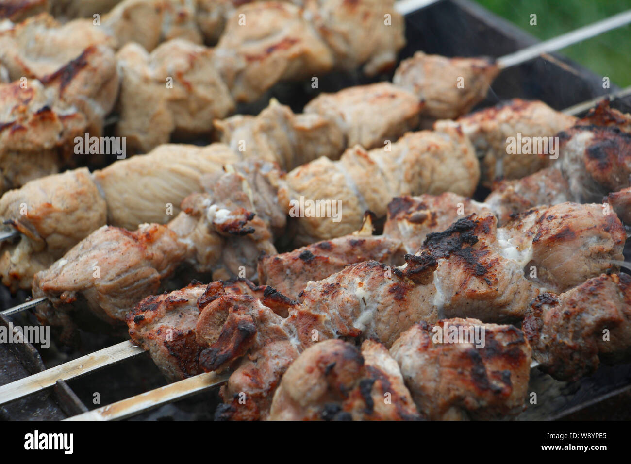Cooking barbecue skewers. Marinated kebab is grilled on charcoal. Shish