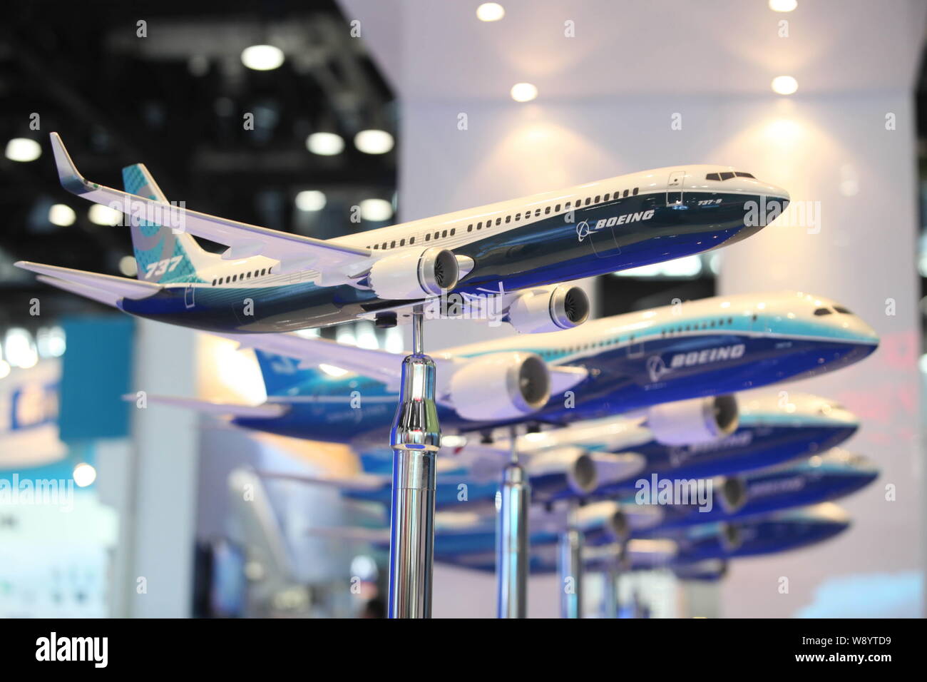 --FILE--Models of Boeing planes are seen on display during the Aviation Expo China 2011 in Beijing, China, 21 September 2011.    China Aircraft Leasin Stock Photo