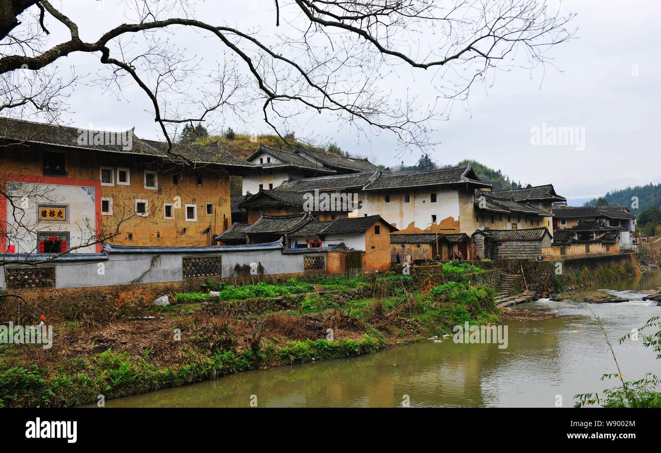 View of tulous or earthen buildings in Yongding county, southeast Chinas Fujian province, 2 March 2012. Stock Photo