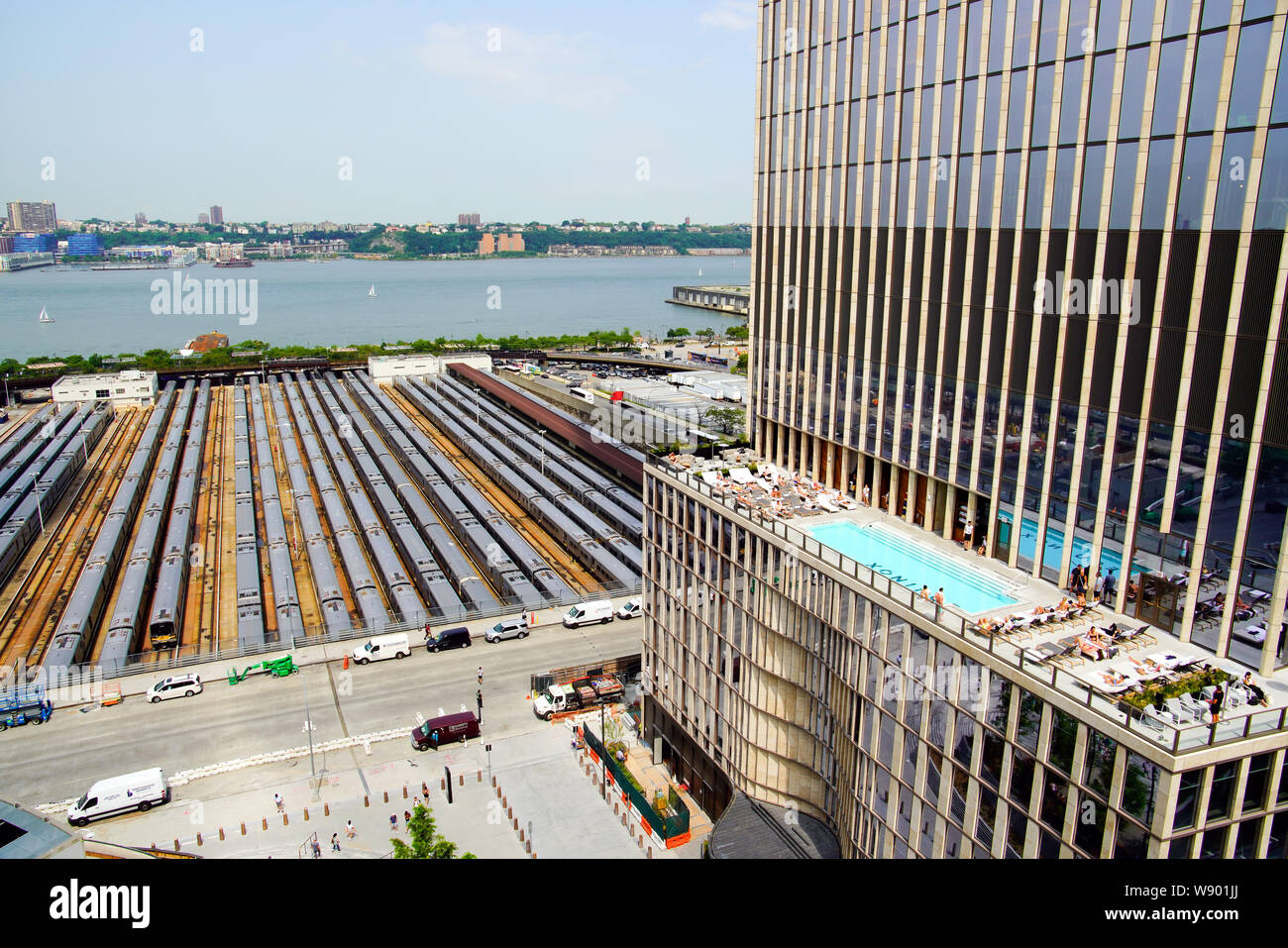Aerial view of Hudson Yards train depot and Equinox hotel from The