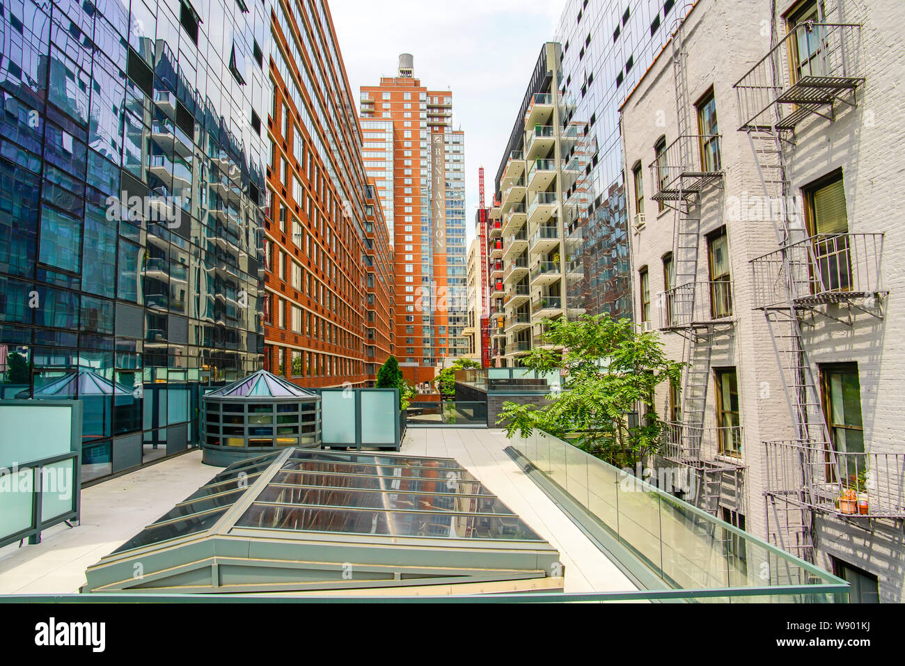 View from, The High Line Park in Manhattan (Hudson Yards). The High Line linear park built on the elevated train tracks above 10th Ave in New York Cit Stock Photo