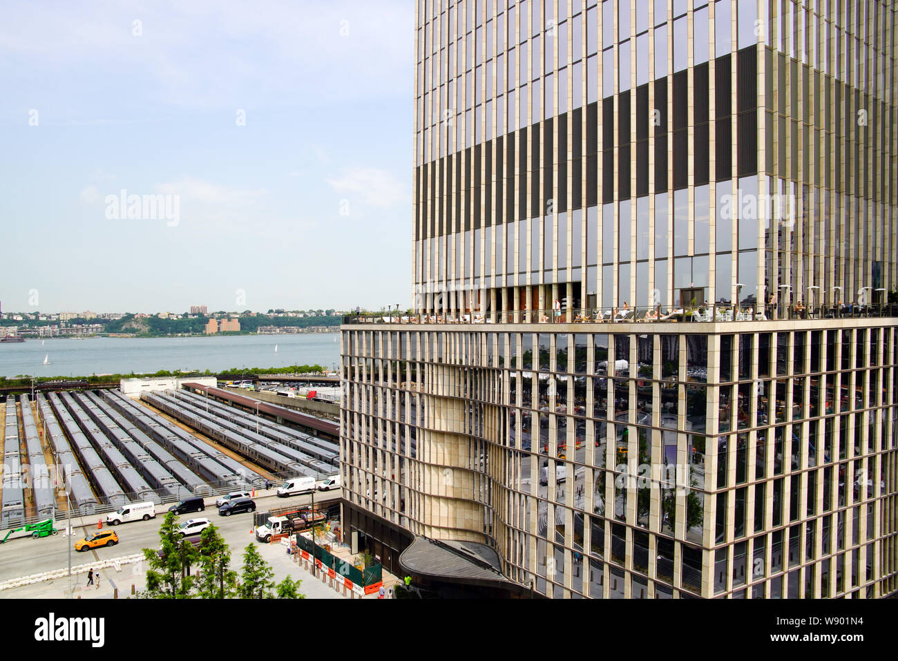 Aerial view of Hudson Yards train depot and Equinox hotel from The