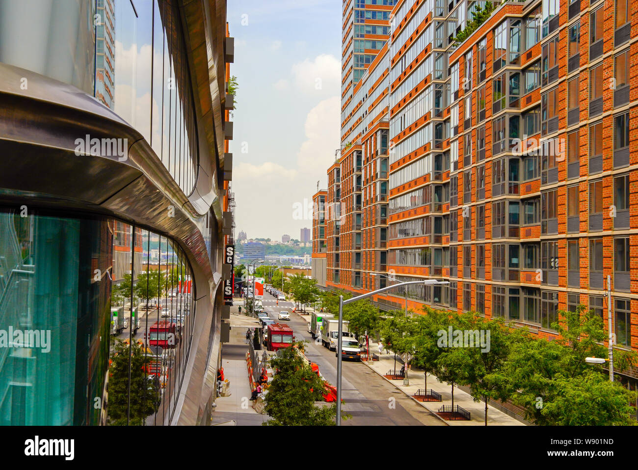 View from, The High Line Park in Manhattan (Hudson Yards). The High Line linear park built on the elevated train tracks above 10th Ave in New York Cit Stock Photo