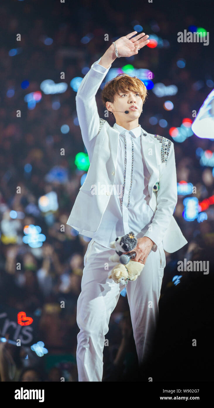 Kris Wu Yifan Of South Korean Chinese Boy Group Exo Waves During The Comeback Show In Shanghai China 11 May 2014 Stock Photo Alamy
