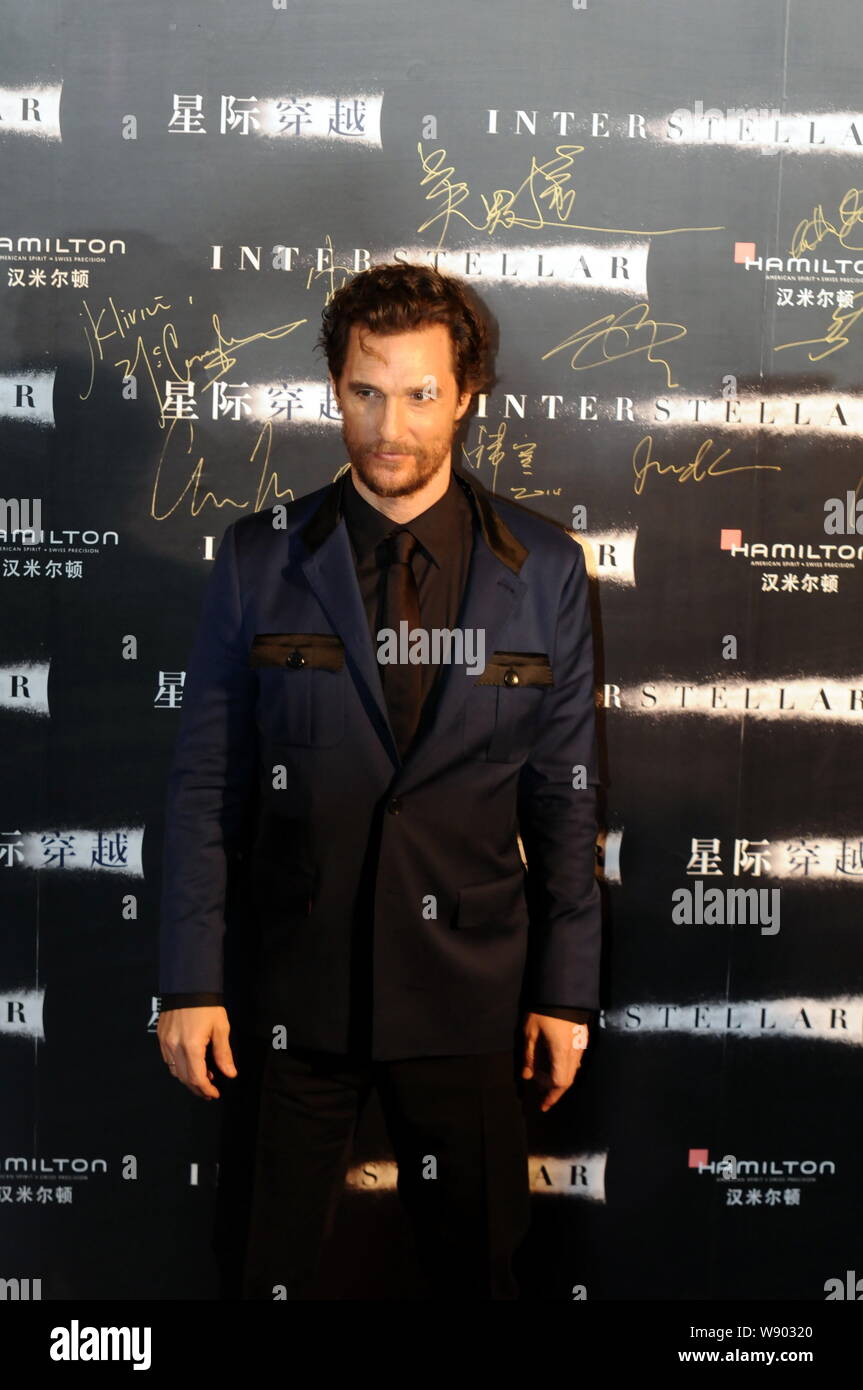 American actor Matthew McConaughey poses on the red carpet as he arrives at the premiere of his new movie 'Interstellar' in Shanghai, China, 10 Novemb Stock Photo
