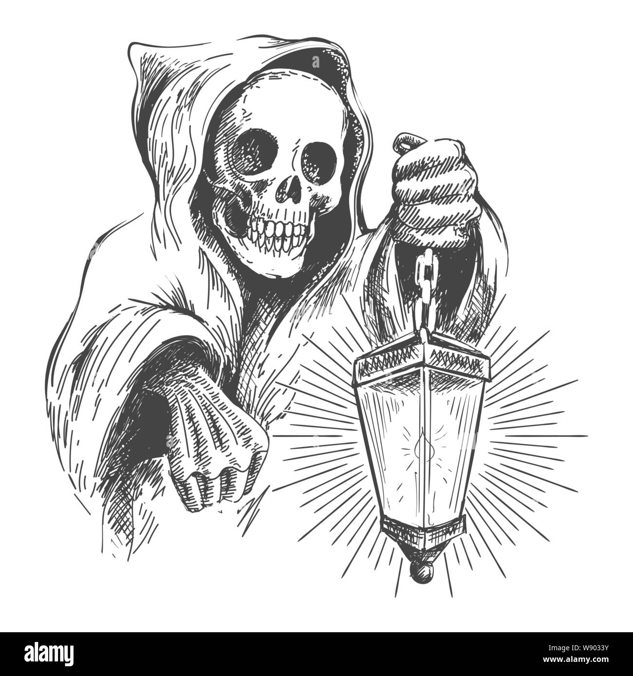 Skull in the hood with lantern in a hand. Vector vintage illustration Stock Vector