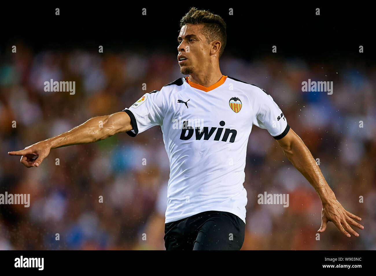 VALENCIA, SPAIN - AUGUST 10: Gabriel Paulista of Valencia CF reacts during the Bwin Trofeo Naranja friendly match between Valencia CF and FC Internazionale at Estadio Mestalla on August 10, 2019 in Valencia, Spain. (Photo by Get Ready Images/MB Media) Stock Photo