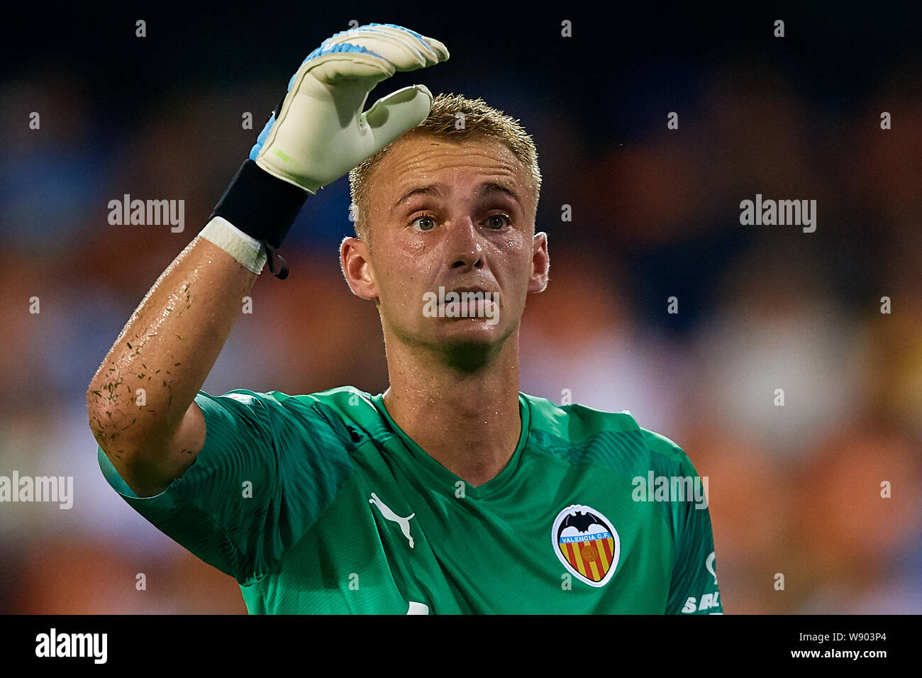 VALENCIA, SPAIN - AUGUST 10: Jasper Cillessen of Valencia CF reacts during the Bwin Trofeo Naranja friendly match between Valencia CF and FC Internazionale at Estadio Mestalla on August 10, 2019 in Valencia, Spain. (Photo by Get Ready Images/MB Media) Stock Photo