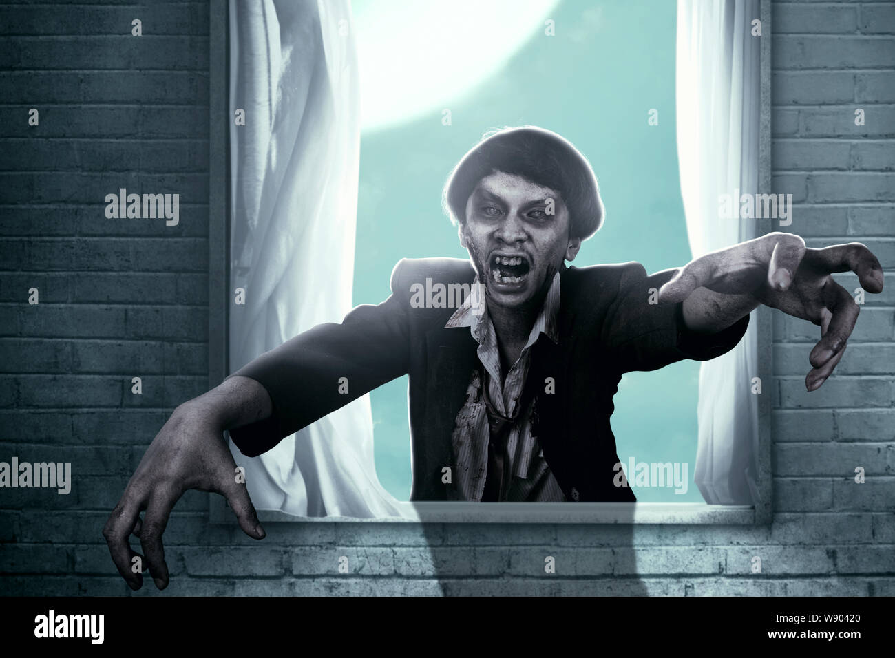 Scary zombies with blood and wound on his body haunted the abandoned