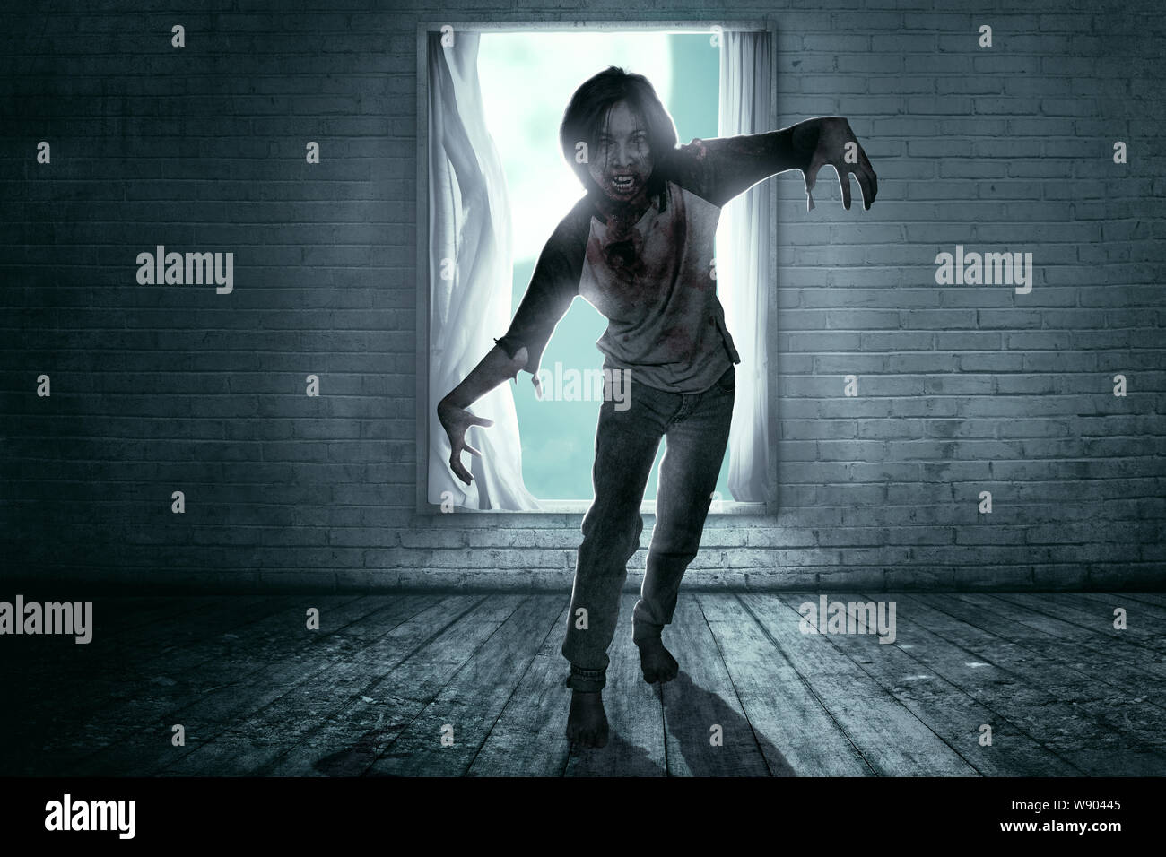 Scary zombies with blood and wound on his body haunted the abandoned house. Halloween concept Stock Photo