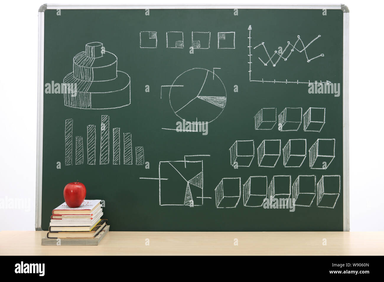 Diagram on blackboard and apple on stack of books Stock Photo