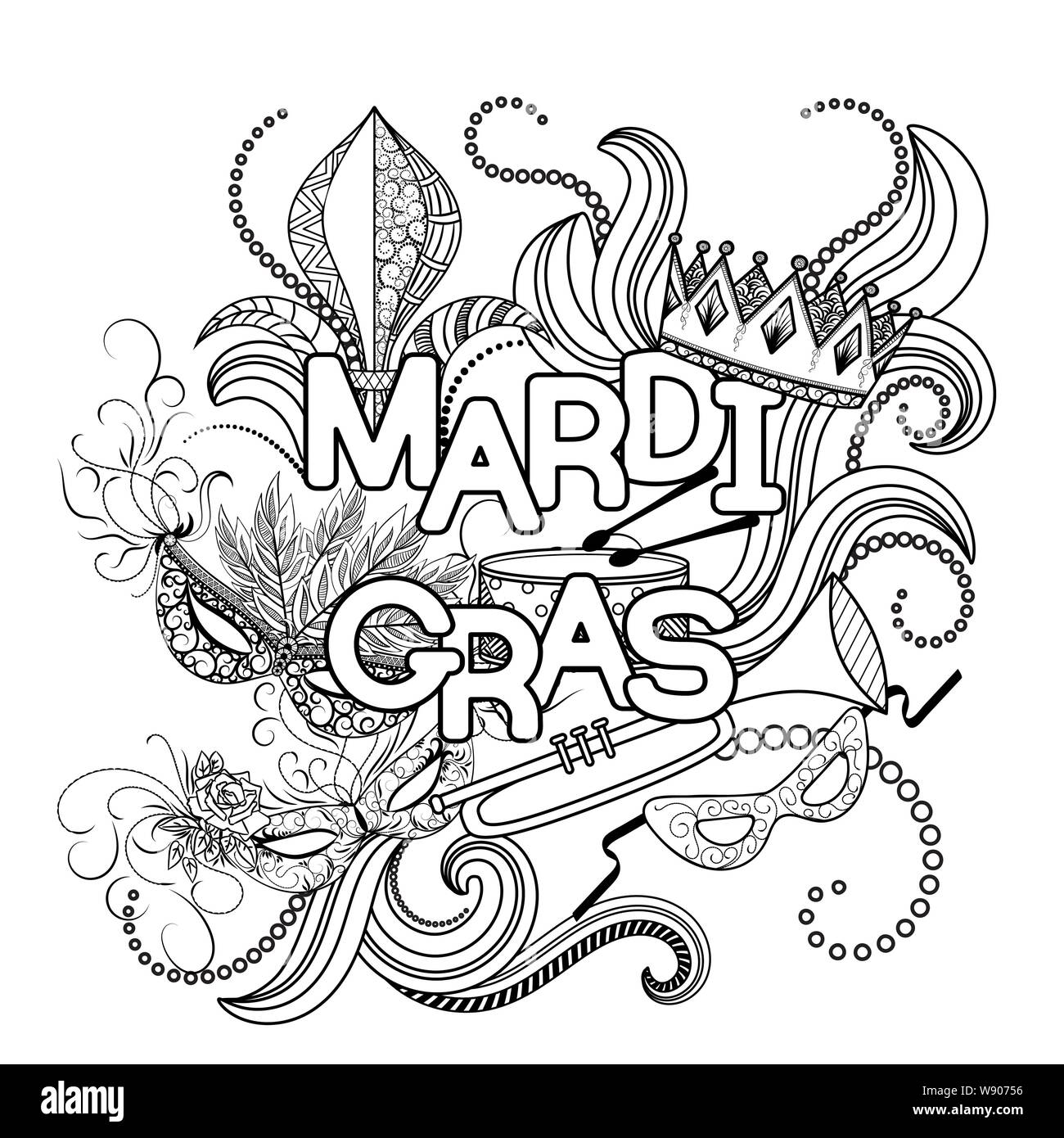 Mardi Gras or Shrove Tuesday. Carnival mask and hats, jester's hat, crowns, fleur de lis, feathers and ribbons. Vector illustration. Coloring page for adult coloring book. Stock Vector