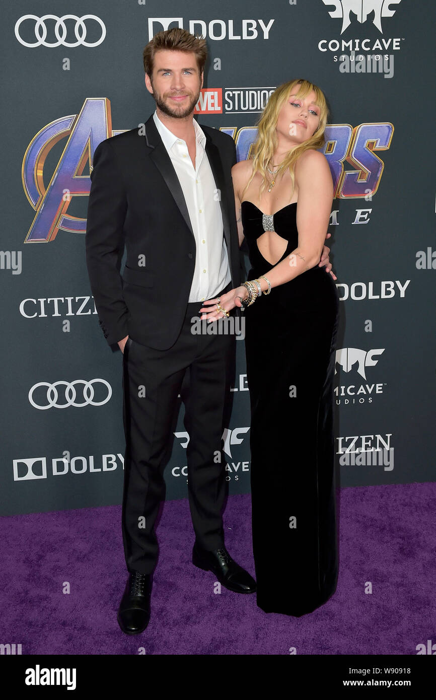 Los Angeles, USA. 22nd Apr, 2019. Liam Hemsworth with wife Miley Cyrus at the world premiere of the motion picture 'Avengers: Endgame' at the Los Angeles Convention Center. Los Angeles, 22.04.2019 | usage worldwide Credit: dpa/Alamy Live News Stock Photo