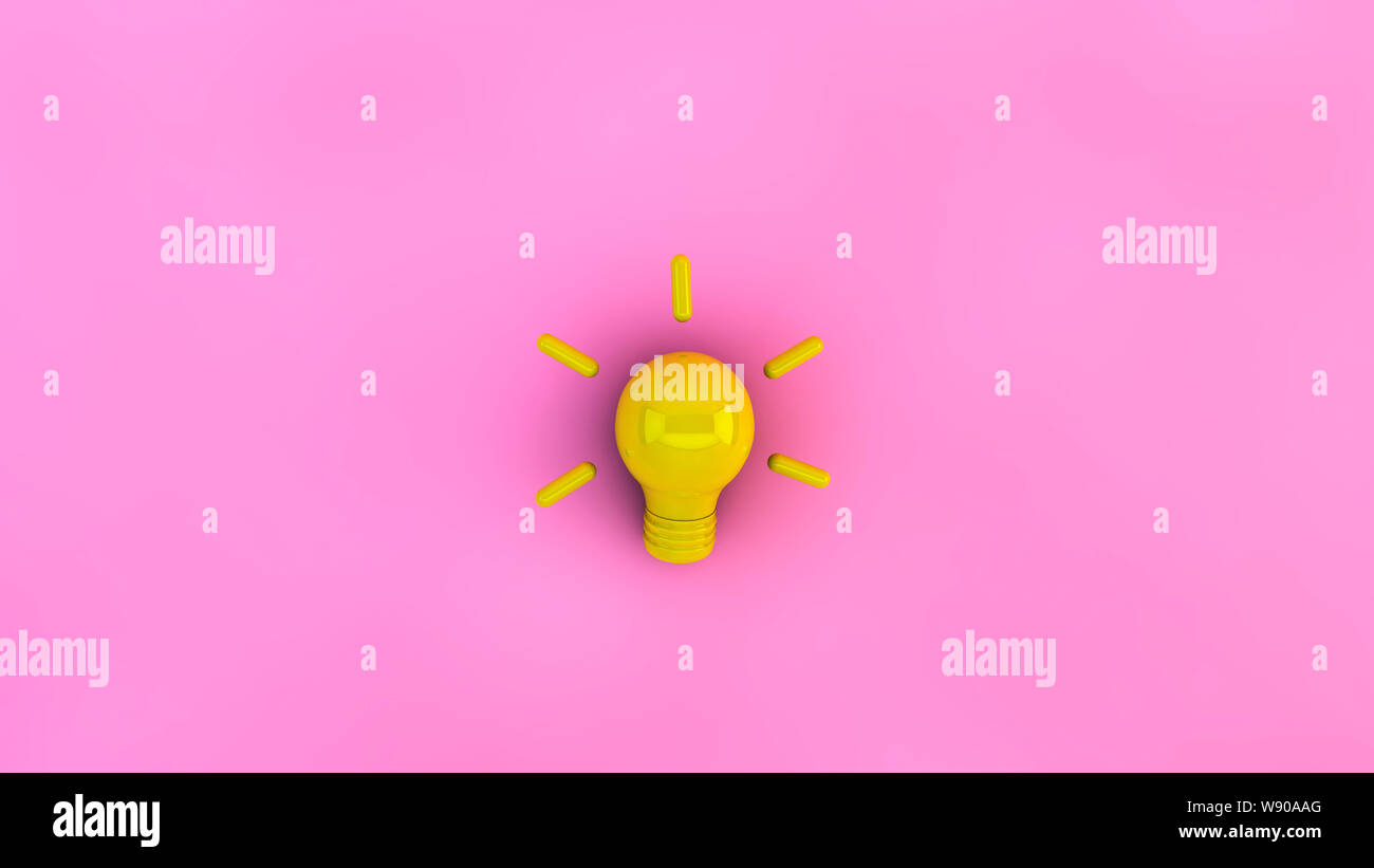 Yellow lighted bulb with glossy texture on a pink background. Concept idea, creativity, innovation, ingenuity. 3D rendering Stock Photo