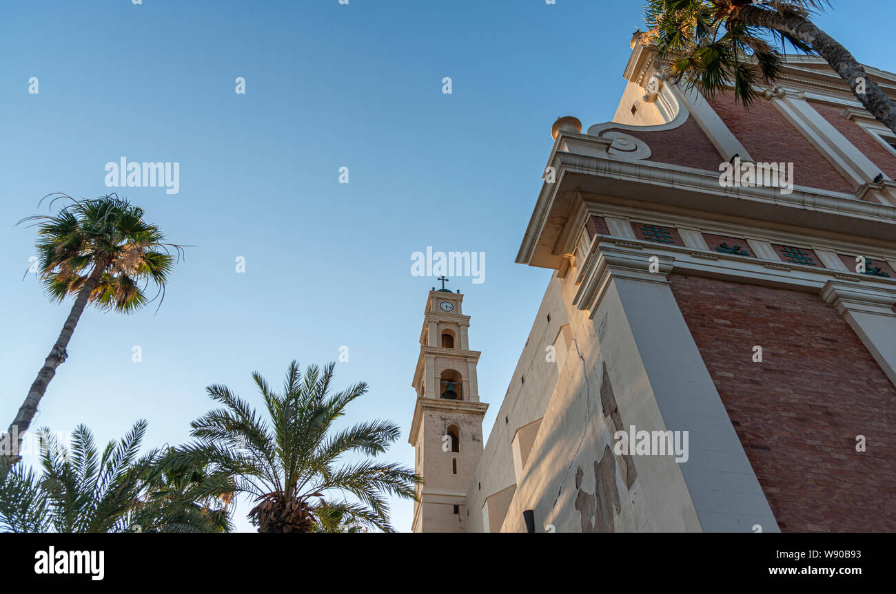 View of St. Peter's Church and the bell tower in Jaffa, Tel Aviv, Israel Stock Photo