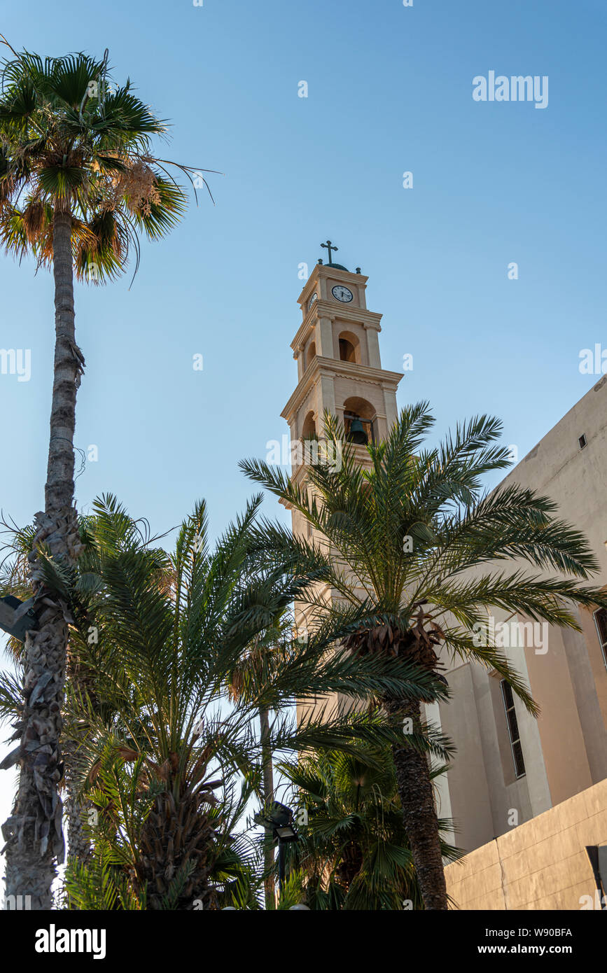 View of St. Peter's Church and the bell tower in Jaffa, Tel Aviv, Israel Stock Photo