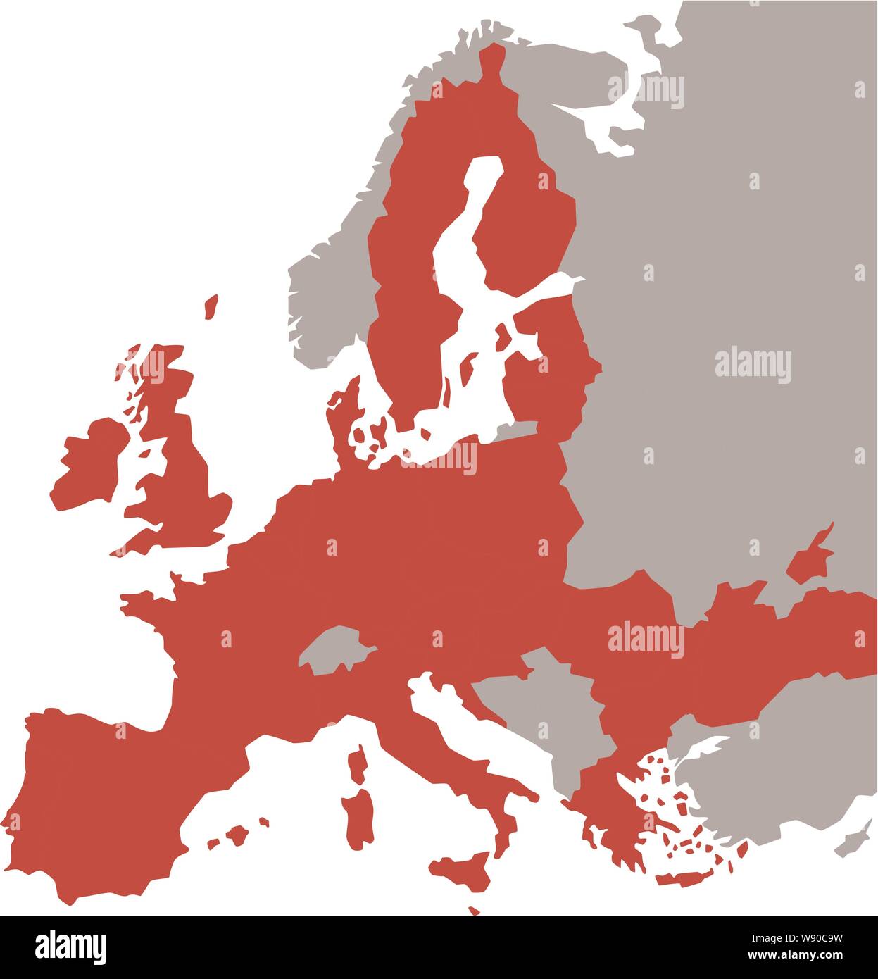 Vector red Map of the European Union with extra UE countries in grey on a White Background Stock Vector