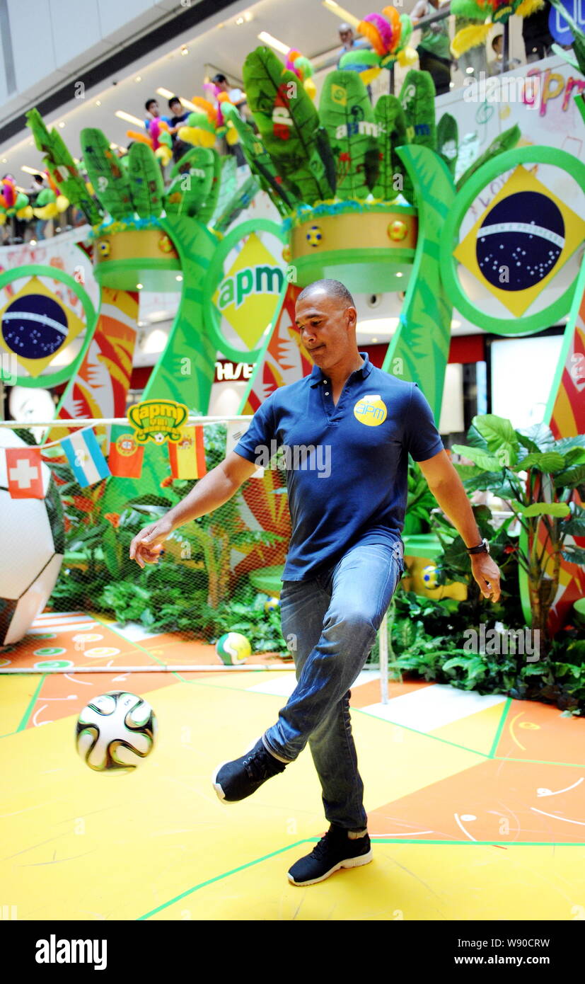 Dutch football star and manager Ruud Gullit, head coach of FC Terek Grozny, shows his football skills during a fans meeting for the upcoming 2014 FIFA Stock Photo