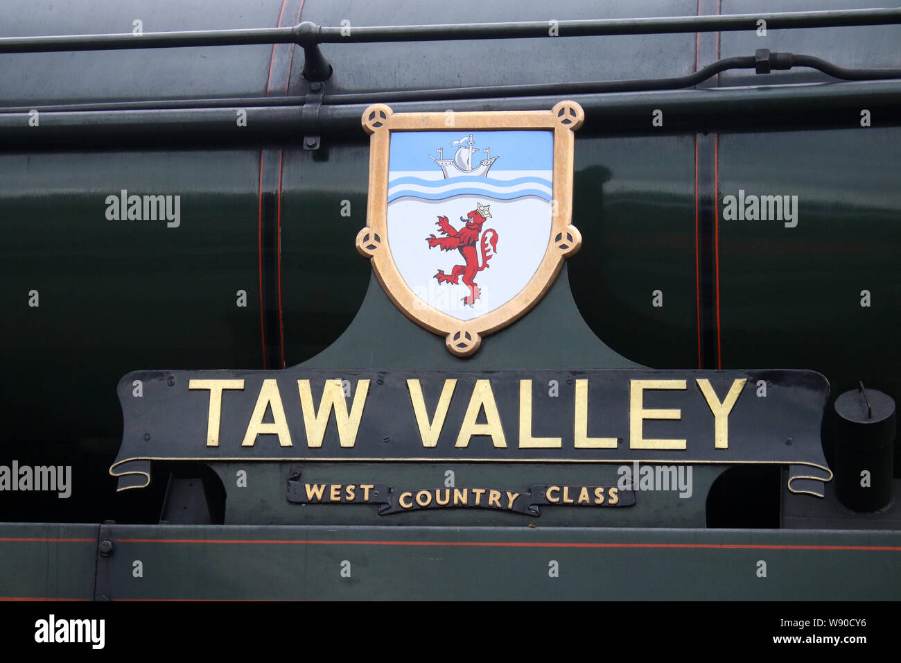 Name plate on preserved steam locomotive 34027 Taw Valley, a Southern Region West Country Class 4-6-2 pacific on Severn Valley Heritage Railway. Stock Photo