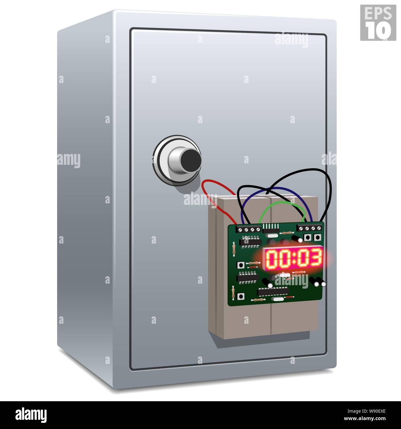 A safe with a lock that is being broken into by force, using a timed explosive with three seconds remaining. Stock Vector